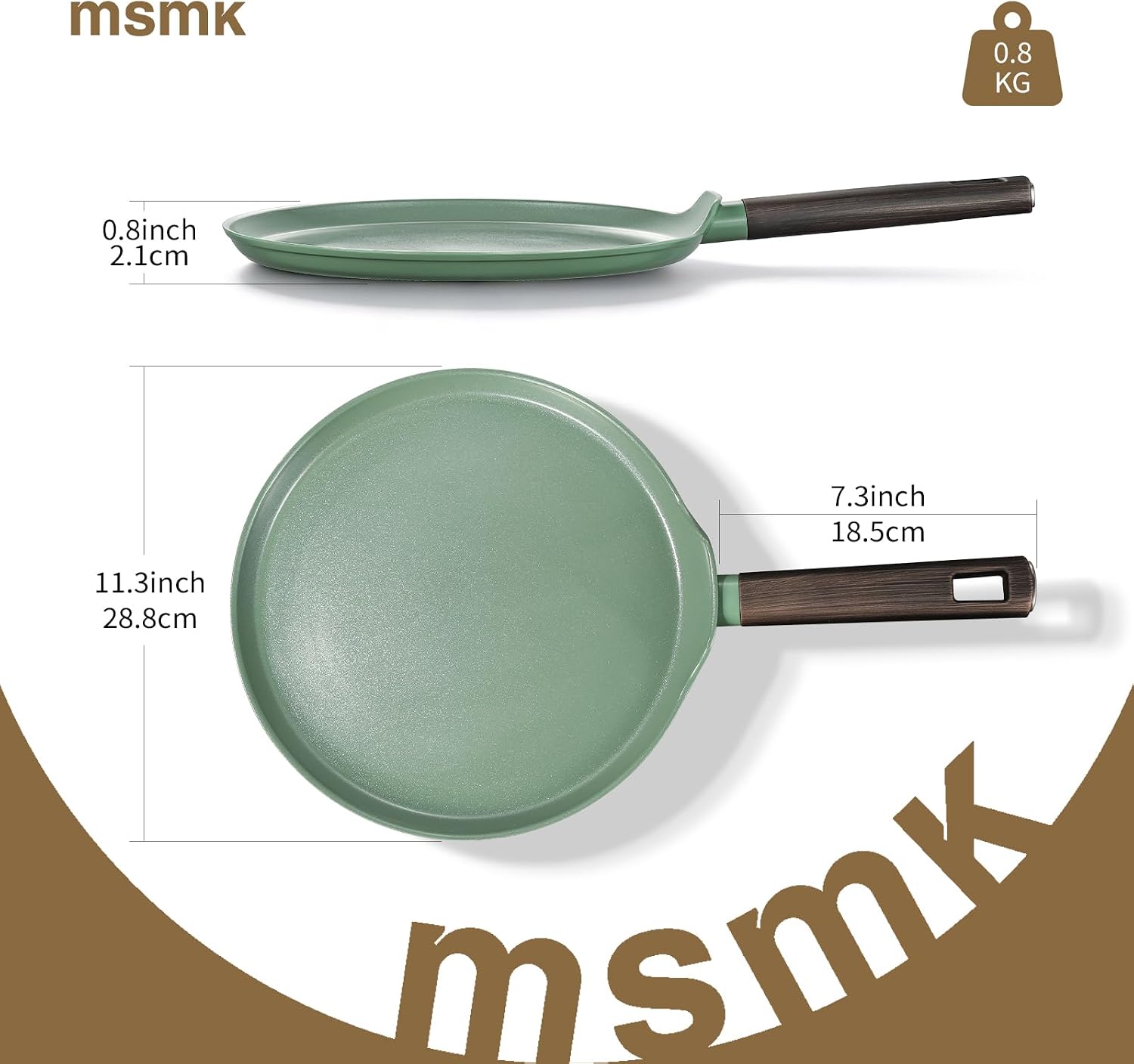 MsMk 11 Inch Nonstick Crepe Pan, Ceramic Coating, Non Toxic Dosa Pan Pancake Griddle Flat Skillet Large Tawa Tortilla Pan, Induction Compatible, PTFE PFOA PFAS Free, Green