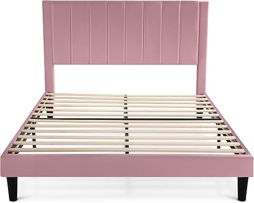 Miniatura 58 de HOOMIC Base de cama de plataforma de tamaño matrimonial con cabecera de canal vertical tapizada de terciopelo de felpa, no necesita somier, fácil