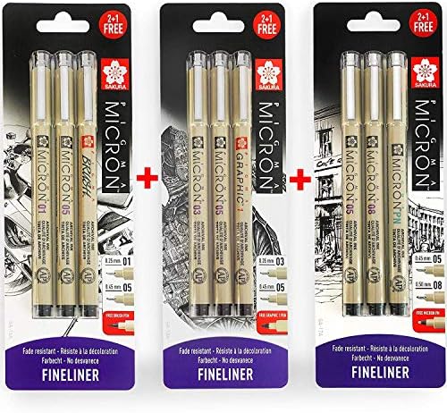 Sakura Pigma Micron - Pigment Fineliner Pens - 0.1/0.5mm/Brush + 0.5/0.8mm/PN + 0.3/0.5mm/Graphic - Black Ink - Blister Pack of 9