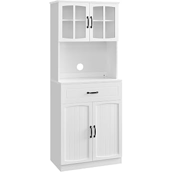 VASAGLE Microwave Kitchen Cabinet Glass Door Drawer | SOFIE Collection LSC361W21 Multi-Purpose Storage Cabinet with Adjustabl