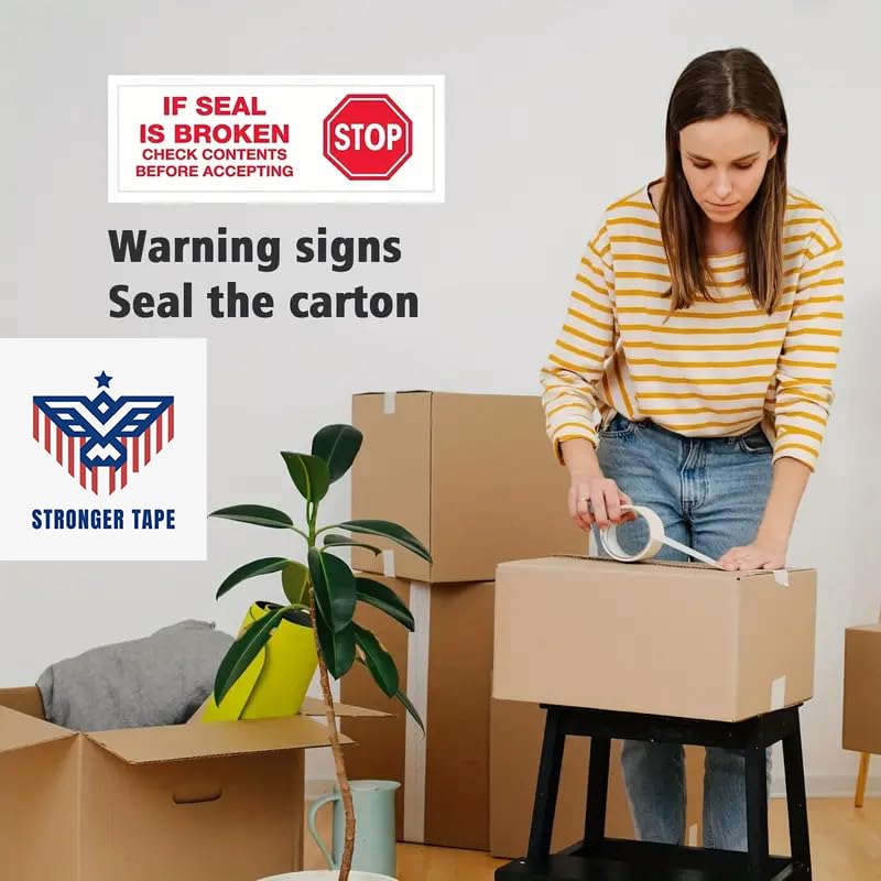 Stop Sign Sealing Tape,IF Seal is Broken or Damaged Check Contents Before Accepting, (36 Rolls, 2 inch x110 Yard) Heavy Duty Packing Tape for Moving,Sealing,Office