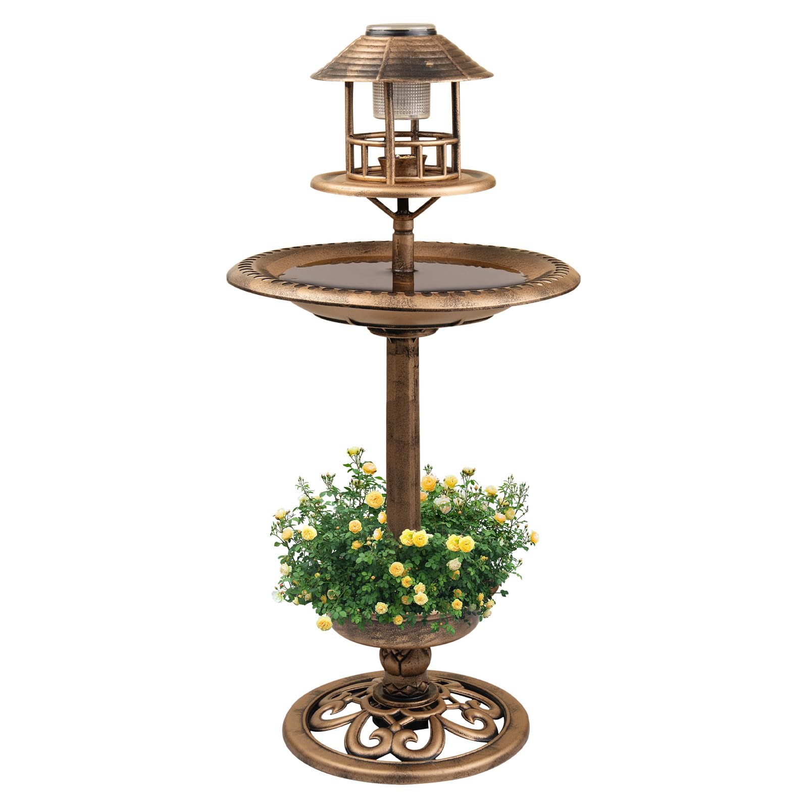 Crystals Tradational Weatherproof Pedestal Water Garden Plastic Bird Bath (Bronze - Solar Powered)