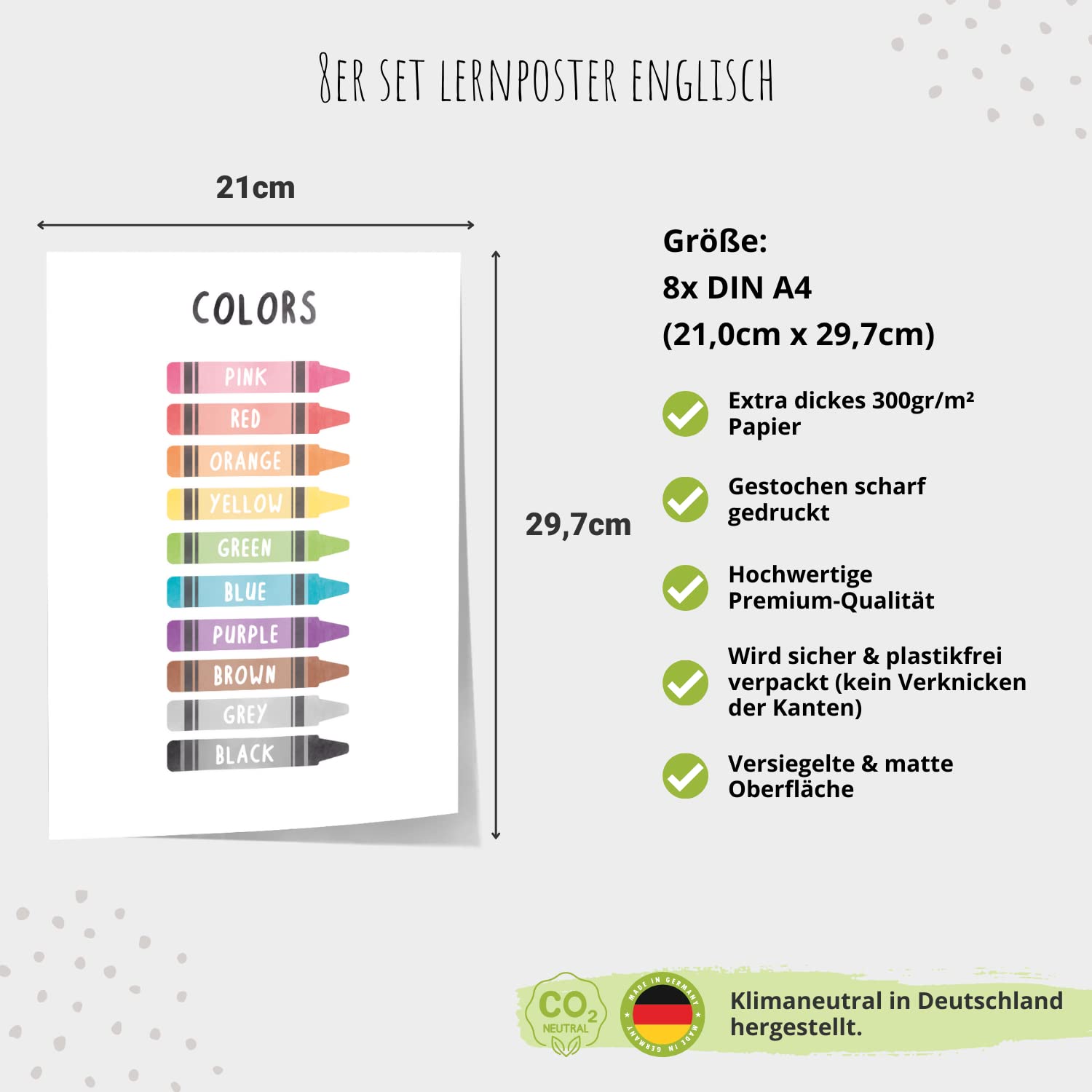 MeinBaby123® Poster educativo in inglese, immagini per cameretta dei bambini, set da 8 pezzi, formato A4 e A5, alfabeto ABC, numeri, scuola materna, scuola elementare, poster da parete di alta qualità
