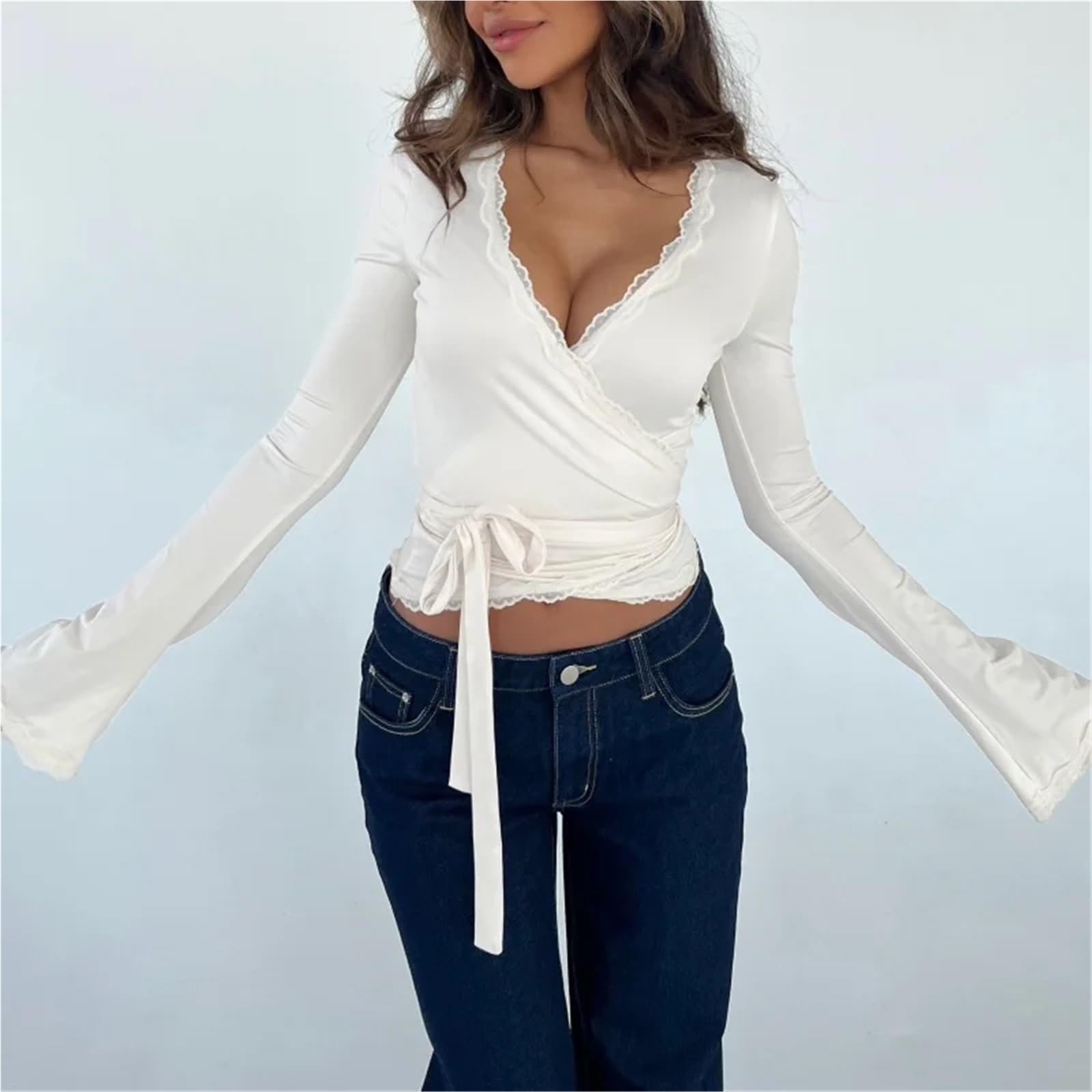 Wickeloberteil Damen Wickeltop mit gekreuzten Bändern for Ballett, Spitzenbesatz, langärmlig, V-Ausschnitt, Yoga-Wickelshirts, schmale Passform, Oberteile mit Bindeband vorne