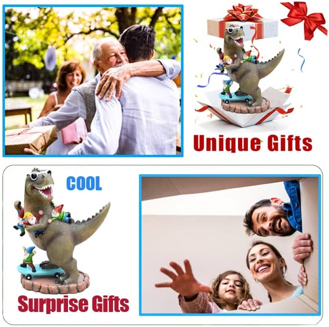 Miniatura 7 de ACHYHAVIN Estatua de jardín para decoración al aire libre, monopatín de dinosaurio genial con figuras de gnomos, decoración para interiores y