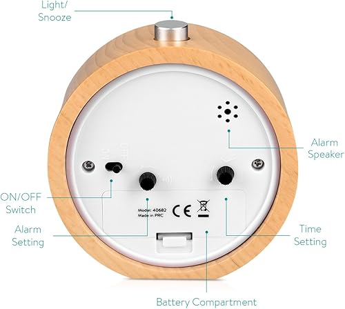 Miniatura 3 de Navaris Reloj despertador analógico de madera, redondo, funciona con pilas, sin tictac, con botón de repetición y luz, color marrón claro