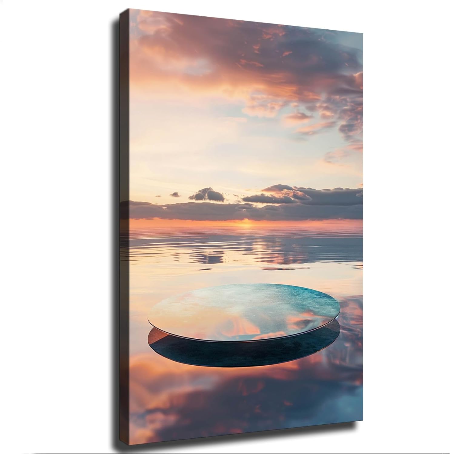 Disc Shaped Glass Mirror Sea View Cloud View Natural Landscape Poster Wall Art Picture Print Modern Family Bedroom Decor Framed and Frameless (20×30inch Framed)