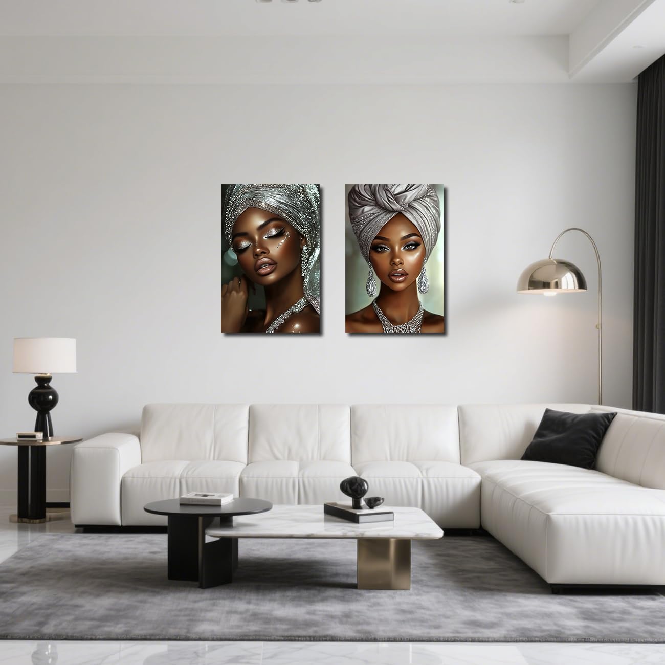 LZIMU African American Pictures Wall Art 2 Pieces Black Girl Painting Abstract Black Woman Portrait Canvas Prints Black Art Wall Decor Framed (Silver, 11x14inchx2 Pieces)