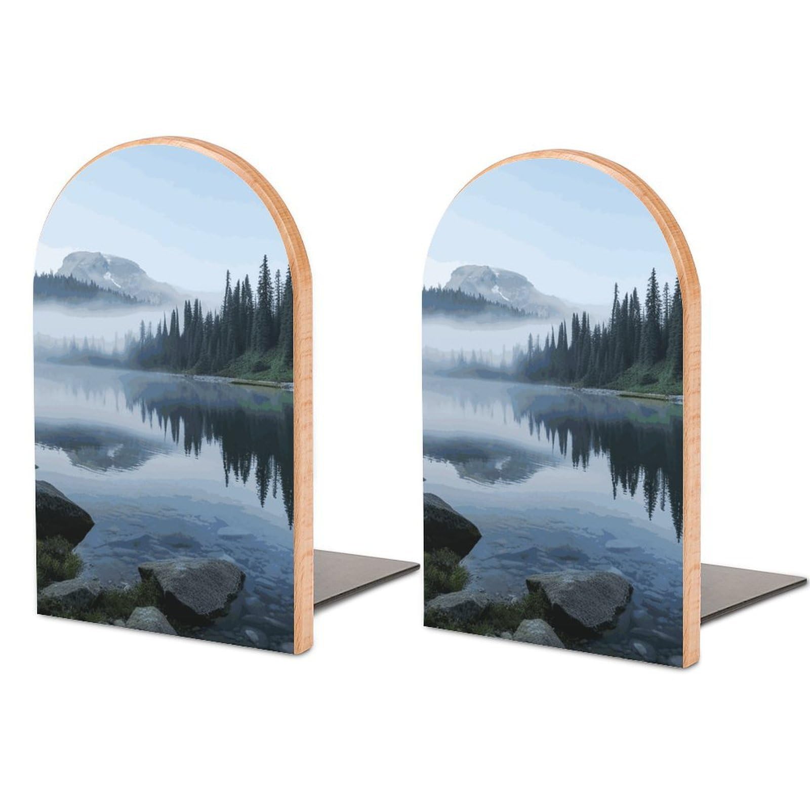 Foggy Lake by Mount Rainier Bookend Modern Bookends for Shelves Non-Skid Book Holder Heavy Duty Metal Book Storage for Books CDs Decorative Book Stopper for Home