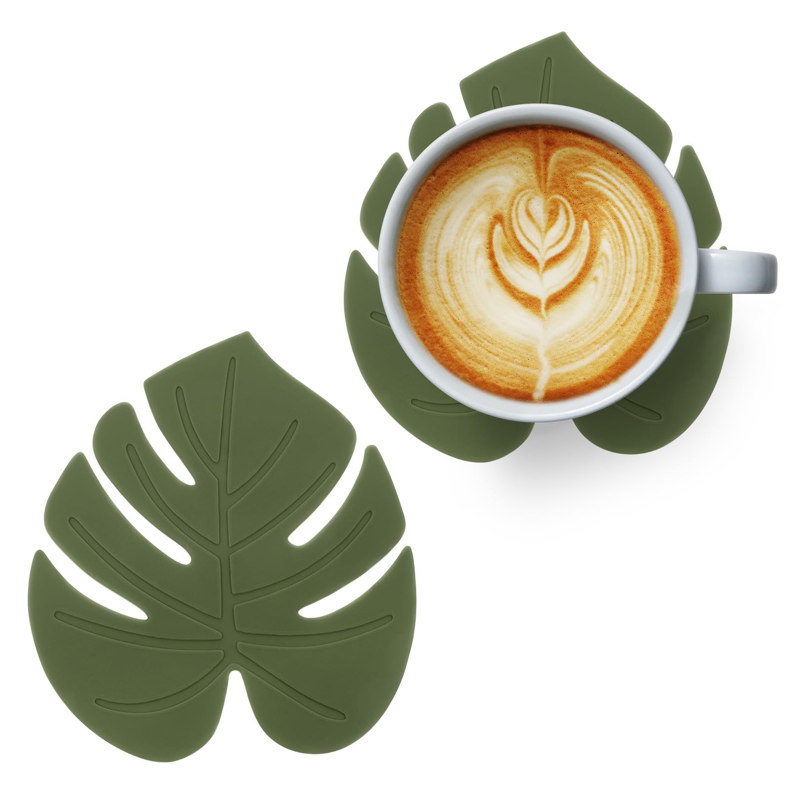 2 Pcs Monstera Plant Coaster Set Silicone Coasters Plant Coasters Cute Green Leaf Heat-Resistant Drink Trivet Mats Non-Slip Cup Pads for Table Countertop Kitchen Home Office Decor(4.13×4.72 Inch)