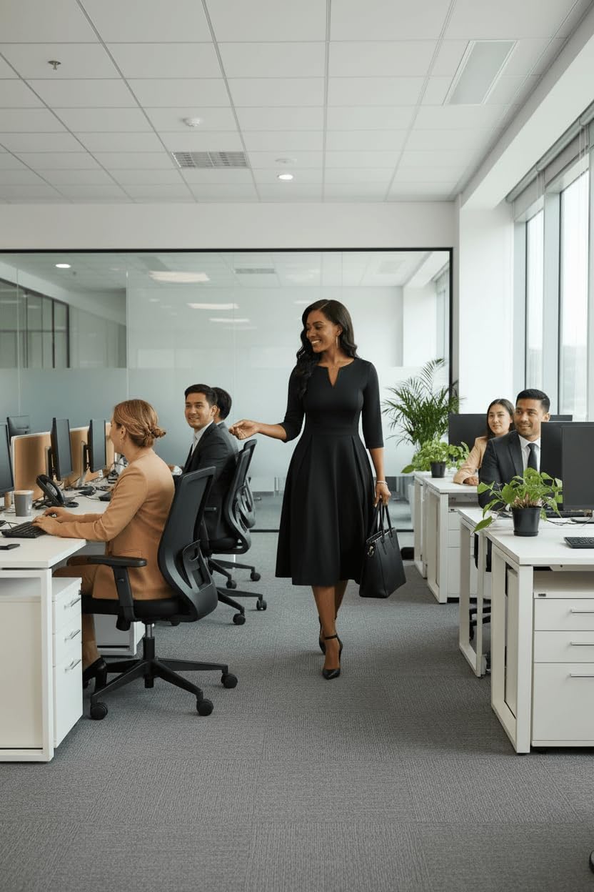 Nmoder Midi Dresses for Women, Semi Formal Fit and Flare 3/4 Sleeve V Neck Work Dress with Pockets - Image 2