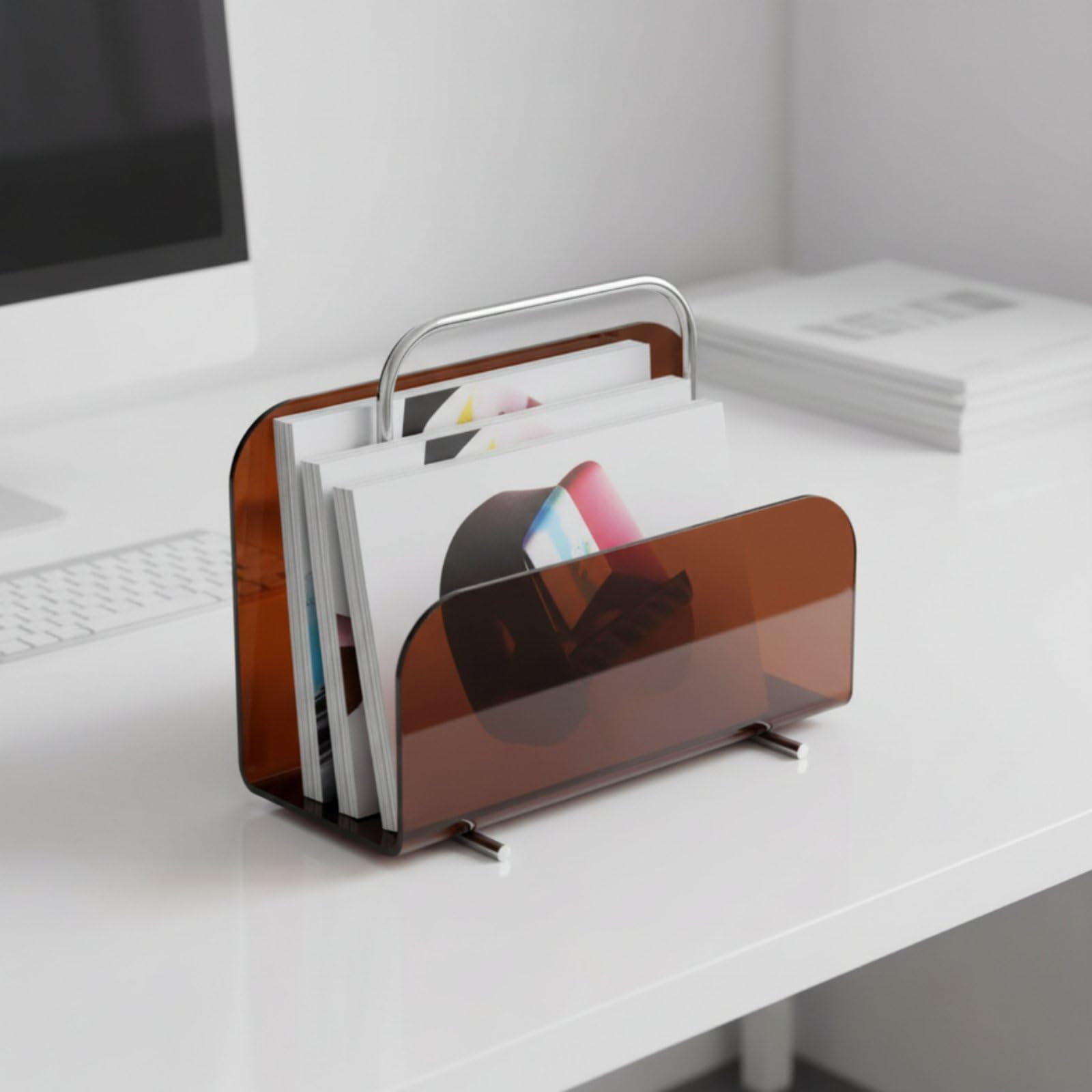 Colcolo Porta Riviste Acrilico Moderno Organizer Giornali Libri da Tavolo con Manico Integrato Perfetto Ordine E Stile per Casa Soggiorno Scrivania Ufficio Lettura, Marrone