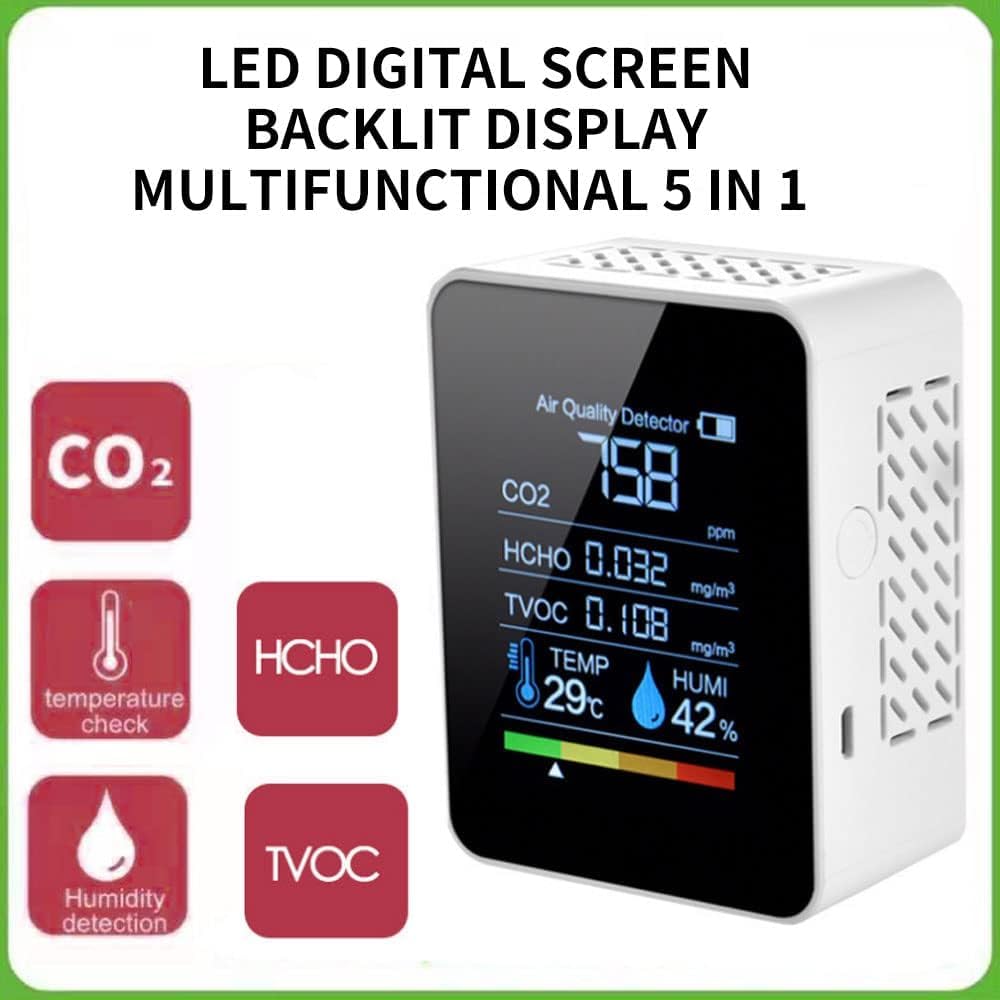 Medidor De CO2, 5 En 1 Detector Calidad Aire para CO2 HCHO TVOC Temp Humi, Detector De CO2 Portátil Medidor Calidad Aire Medidor De Temperatura Y Humedad para Casa Oficina Coche