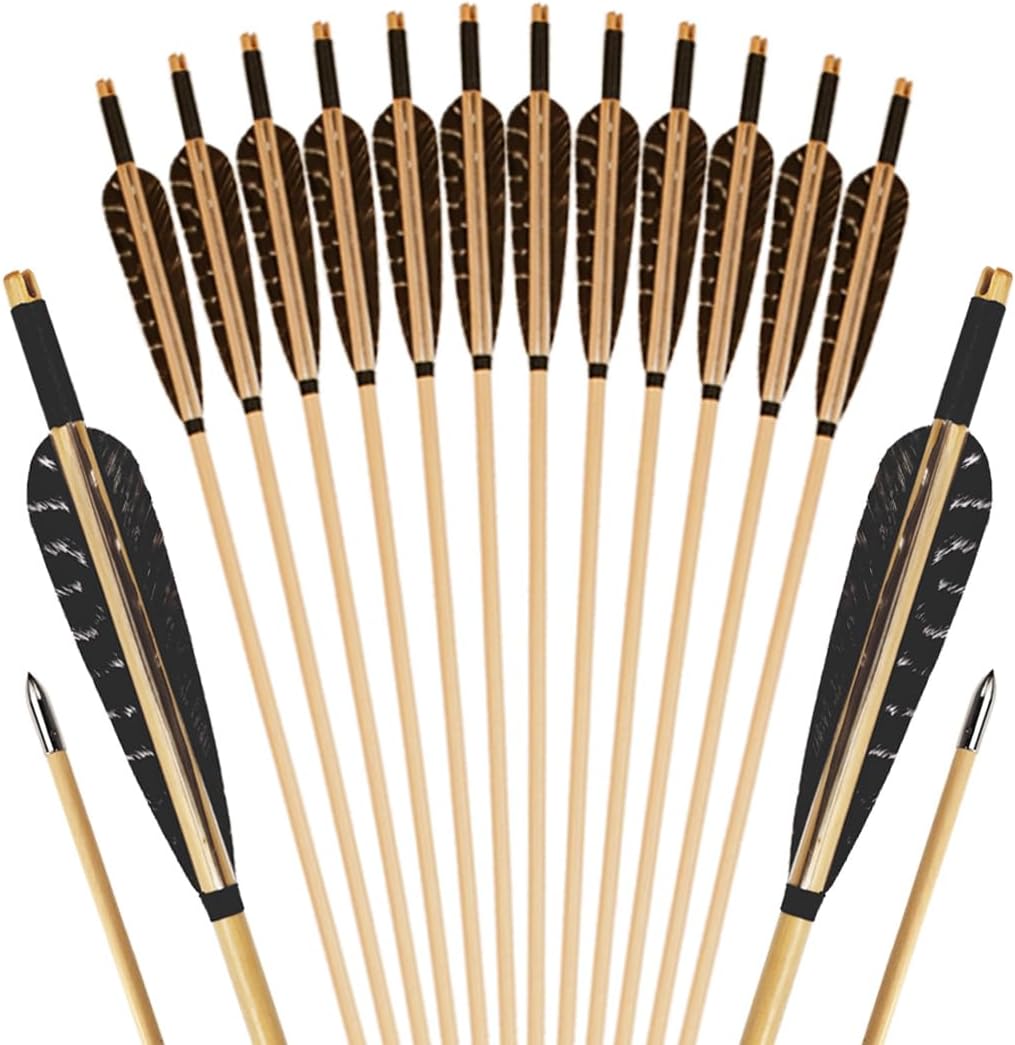 12 Pcs Archery Wooden Arrows with Feathers Handmade Targeting Arrows for Traditional Bow Recurve Bow Longbow for Adults 31inch Nature