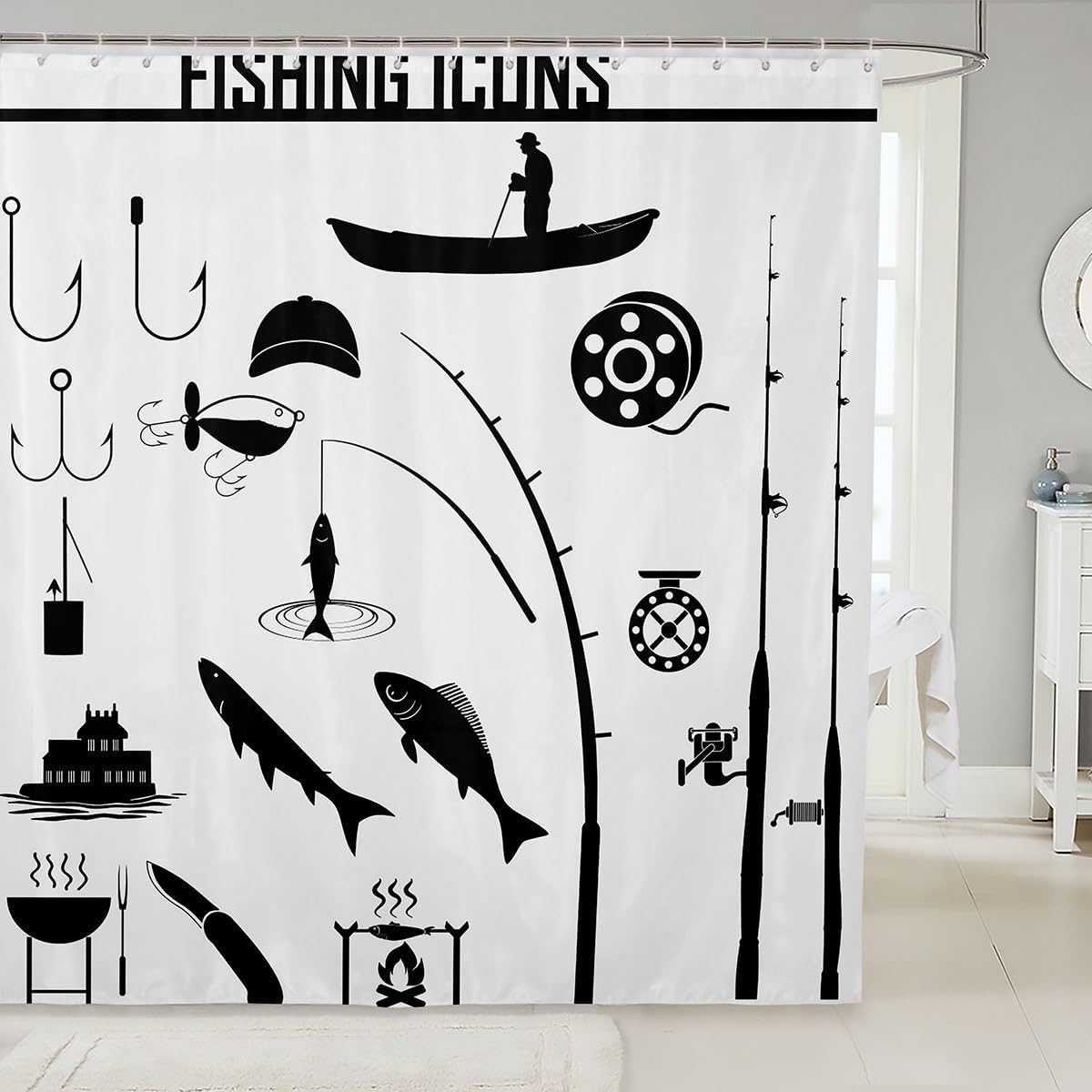 Koi Fish Shower Curtain Picnic Camping Shower Curtain Set for Boys Kids Girls,Fishing Bath Curtain Fishing Gear 72"Wx78"L,Black and White Fishing Rod Fish Hook and Line Angling Fishing Gifts for Men