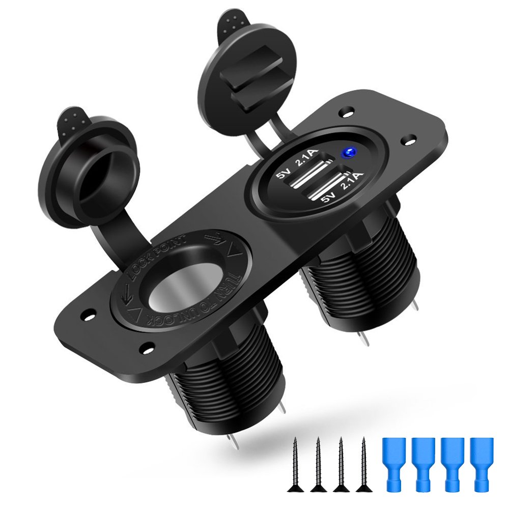 Electop Dual USB Socket Charger 2.1A & 2.1A with LED + 12V Power Outlet Cigarette Lighter Socket, Triple Function Panel for Car Marine Vehicle Motorcycle ATV