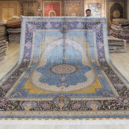 Yilong Carpet 9x12ft Large Silk Handwoven Carpets with Fringes Oriental