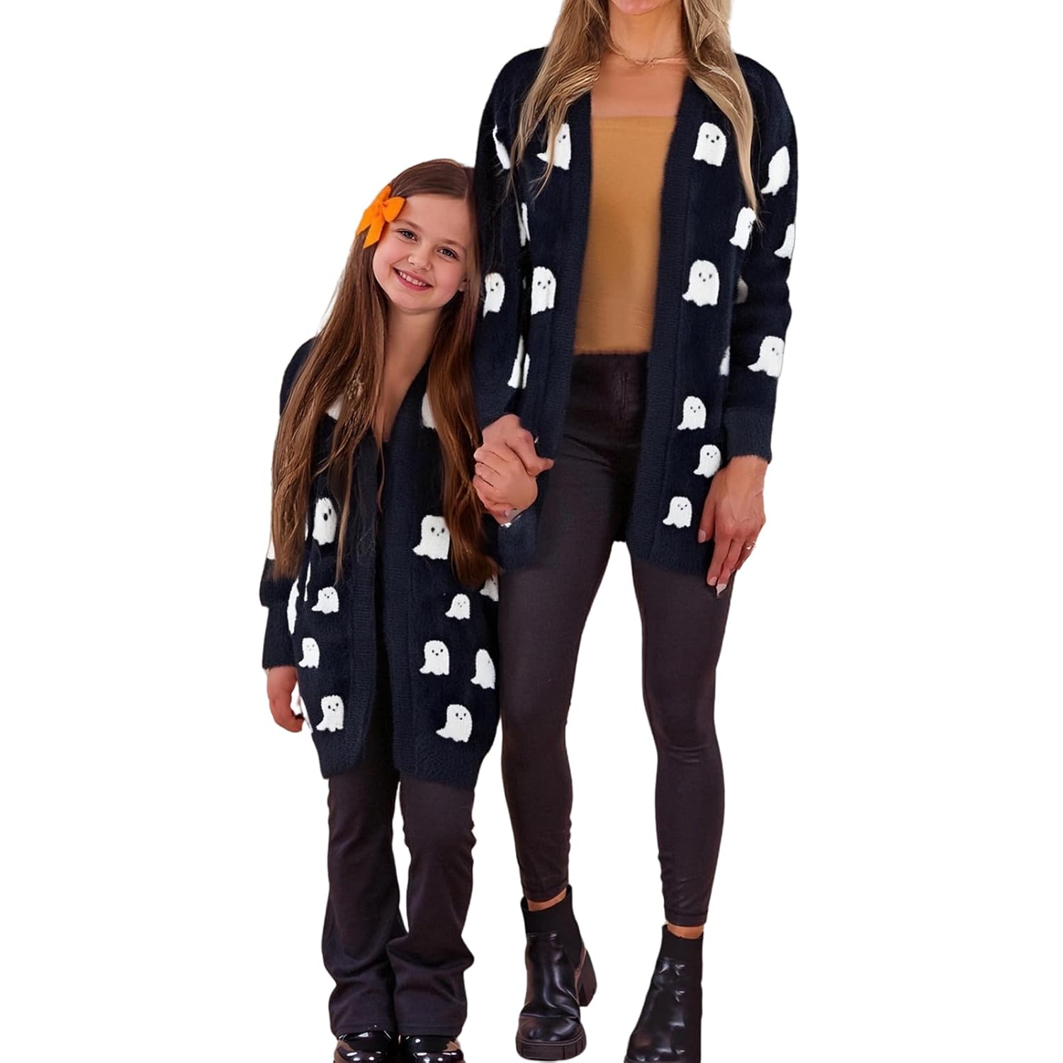 Mommy and Me Halloween Cardigan Pumpkin Embroidery Long Sleeve Open Front Knit Sweater Family Matching Outfits