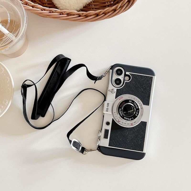 Image of ZS Phone Case for iPhone 17, | Black Camera Case Vintage Cover Cute 3D Cool Unique Design Plastic Case with Removable Neck Strap Lanyard for Girls & Boys, with Free Tempered Glass