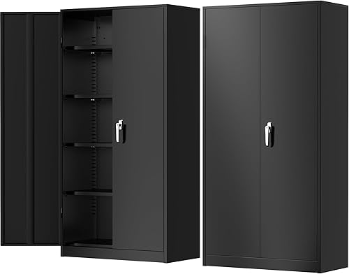 Greenvelly Armario de almacenamiento de metal con puertas y estantes, armario de almacenamiento con cerradura para oficina, gabinete de metal negro