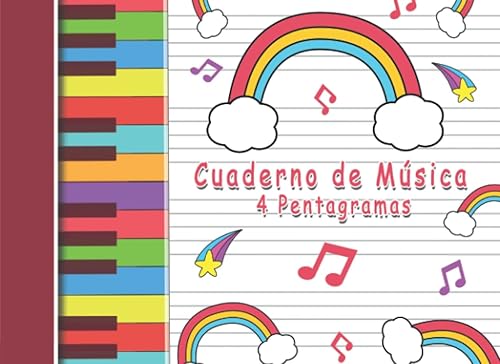 Cuaderno de Música 4 Pentagramas: Libreta para notación musical con 4 pentagramas por pagina para niños, tamaño pequeño A5 apaisado, papel pautado, pentagrama grande, con pauta ancha