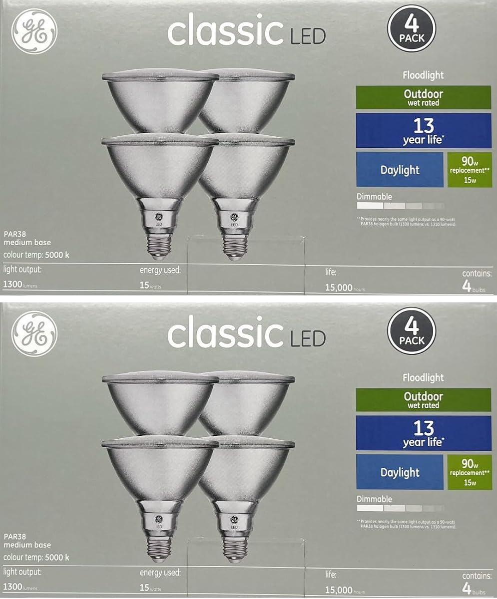 (8 LED Bulbs) Classic LED PAR38 FloodLight, Daylight, 15 watts, 1300 lumens, Dimmable, 5000K Color Temp, Medium Base, Suitable for Outdoor Use, Medium Base