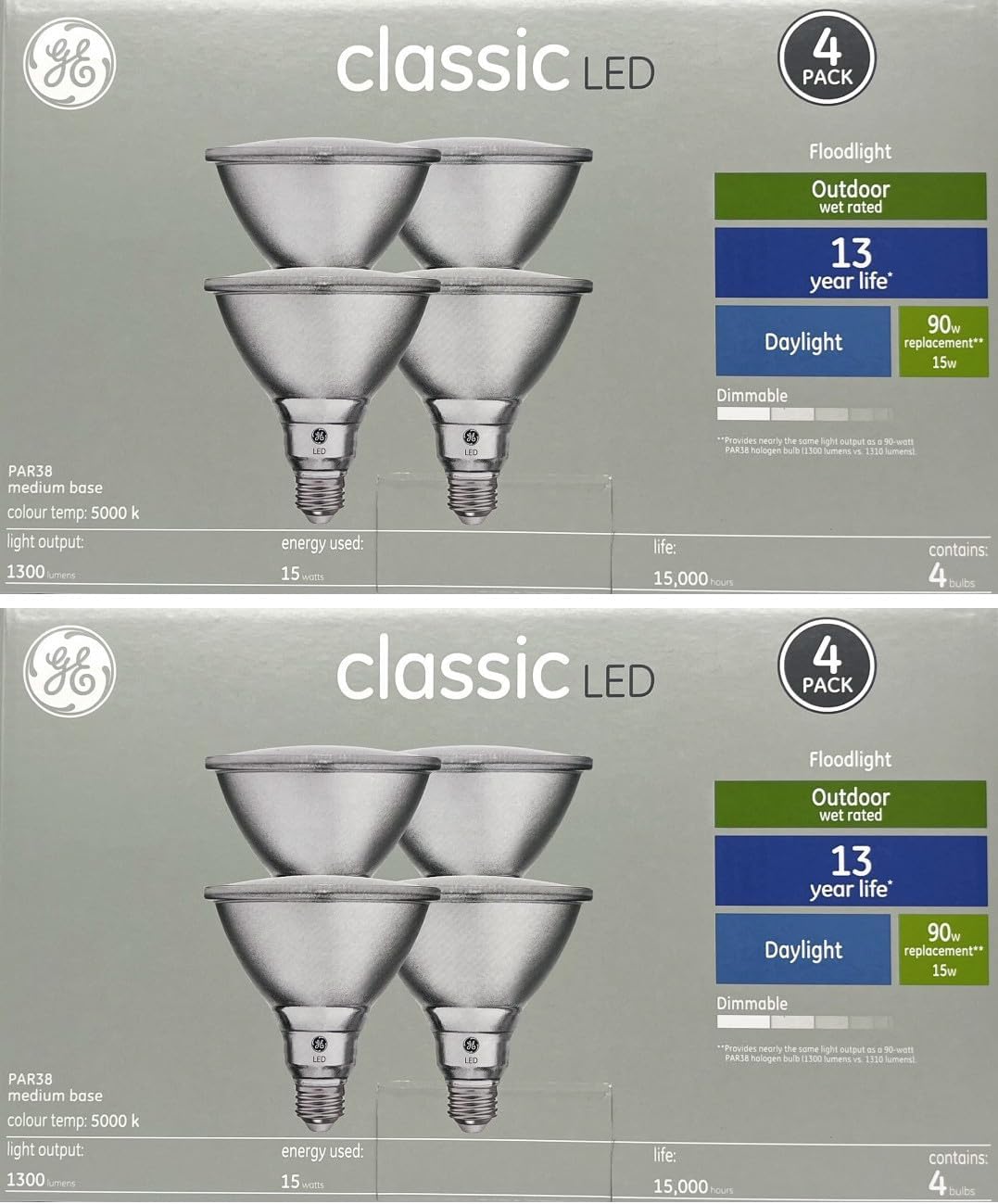 GE (8 LED Bulbs) Classic LED PAR38 FloodLight, Daylight, 15 watts, 1300 lumens, Dimmable, 5000K Color Temp, Medium Base, Suitable for Outdoor Use, Medium Base
