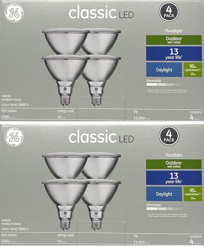 (8 LED Bulbs) Classic LED PAR38 FloodLight, Daylight, 15 watts, 1300 lumens, Dimmable, 5000K Color Temp, Medium Base, Suitable for Outdoor Use, Medium Base