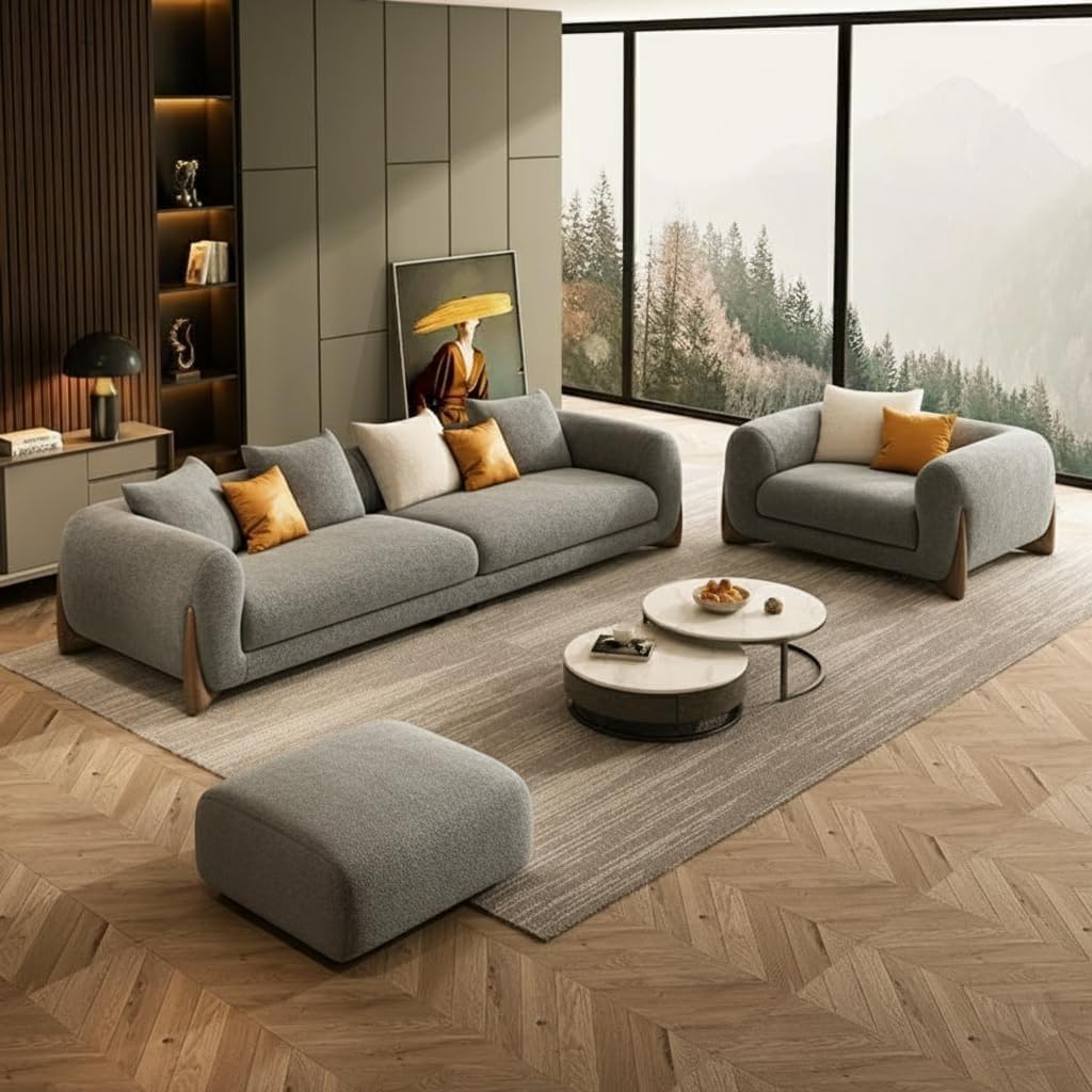 Classic 3+1= 4 Seater with Footrest Seater Sofa Set Luxury Chesterfield Modern Fahionalable Sleeper Sofa for Living Room, Dining Room, (3+1+Ottoman Grey Sofa Set Boucle Fabric)-image-45