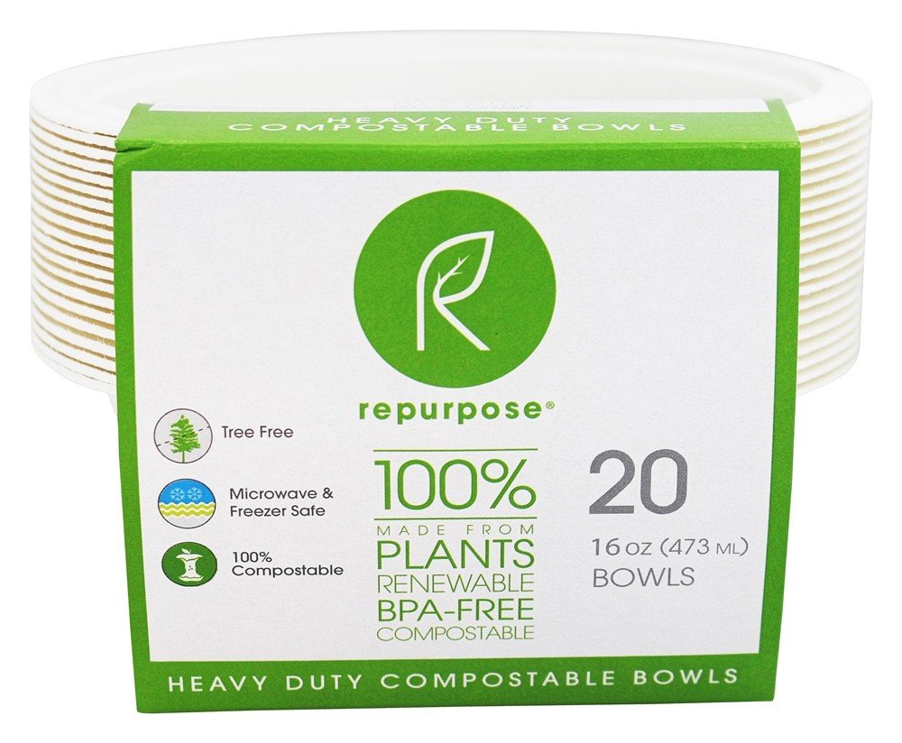 Repurpose 100% Compostable Plant-Based Bagasse Bowls, 16 ounce, 20 Count