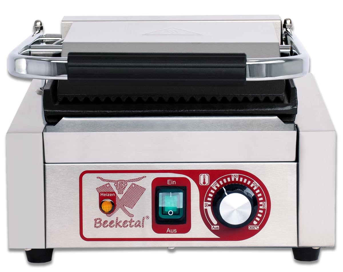 Beeketal 'BKG2' Gastro Kontaktgrill mit Gusseisen Grillpatten (oben gerillt unten glatt) mit Fettauffangschale, Profi Edelstahl Elektrogrill ideal als Panini Grill Maker oder Sandwich Toaster