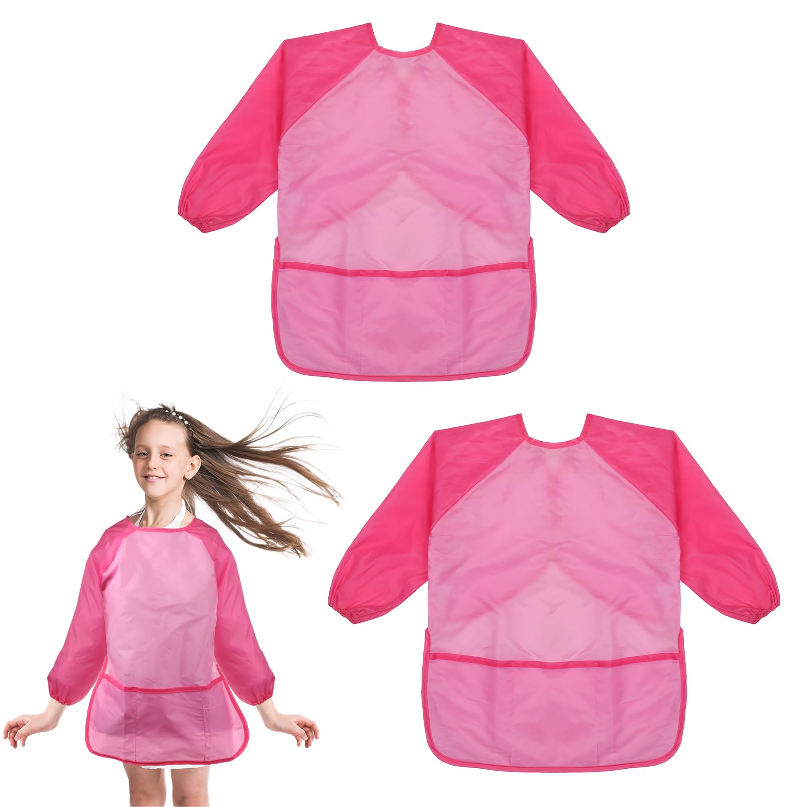 Giantree Kids Painting Apron, Waterproof Toddlers Art Smock with Long Sleeve and 3 Pockets for Painting Cooking, Baking (Pink)