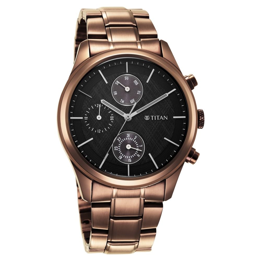 Titan Neo Splash Quartz Multifunction Black Dial Metallic Brown Stainless Steel Strap Watch for Men – NT1805QM04 Titan Neo Splash Quartz Multifunction Black Dial Metallic Brown Stainless Steel Strap Watch for Men – NT1805QM04