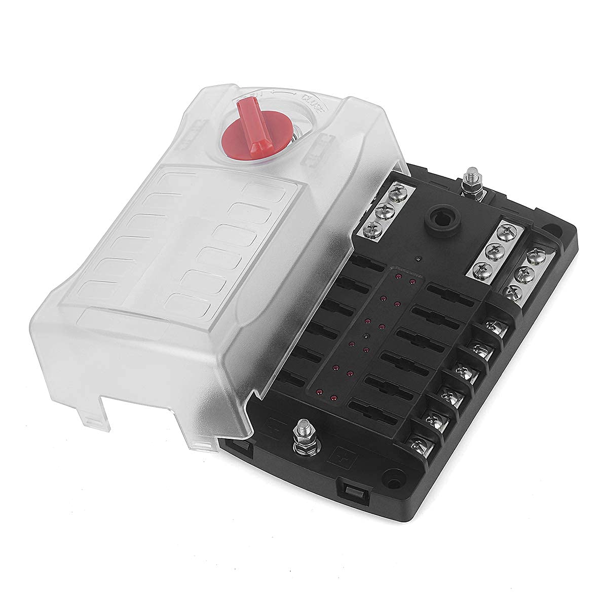 Boîte à fusibles 12 V pour voiture - 12 compartiments - Avec affichage LED - Couvercle de protection et 12 fusibles standard pour voiture, bateau, RV, Van, Suv, camion