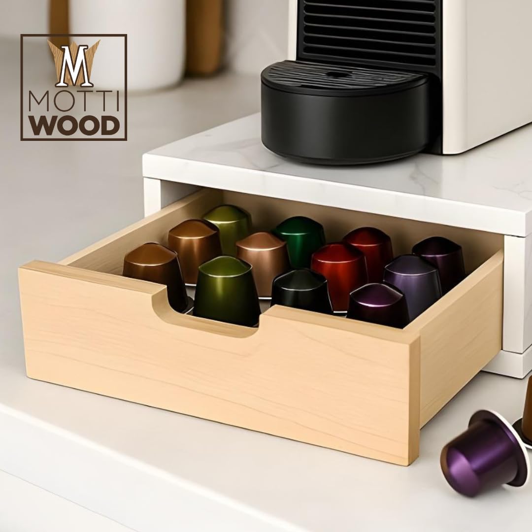 Mottiwood Porta Capsule Cialde con Cassetto, Salva Spazio, Effetto Marmo Bianco, 31x31x12hcm, Cassetto Porta Capsule o Cialde Compatibili, Bustine e Accessori, Made in Italy (Effetto Marmo Bianco)