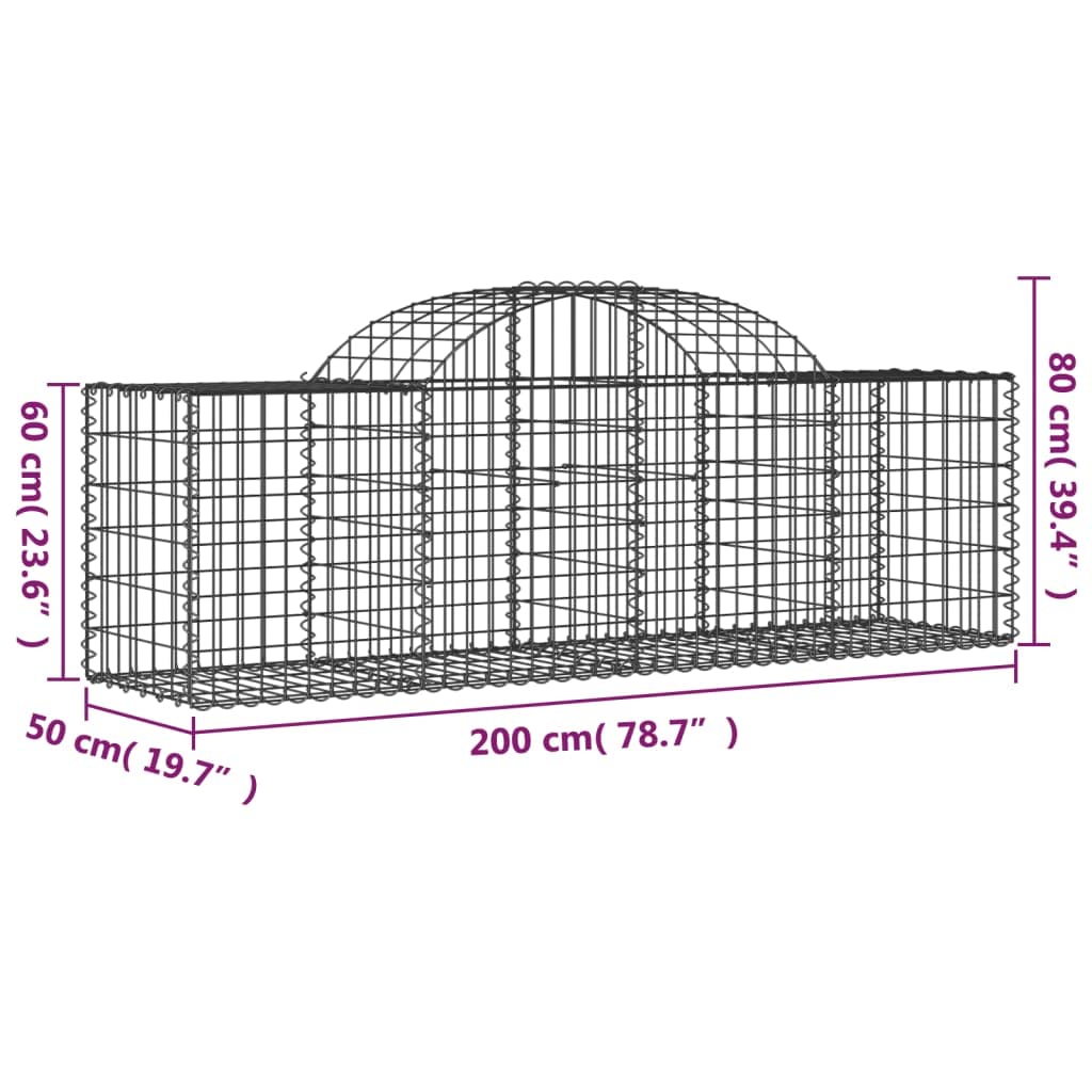 Gaviones con arco alto, 10 unidades, 200 x 50 x 60/80 cm, hierro galvanizado, para barreras de jardín y protección visual, como pared decorativa insonorizada de alambre robusto