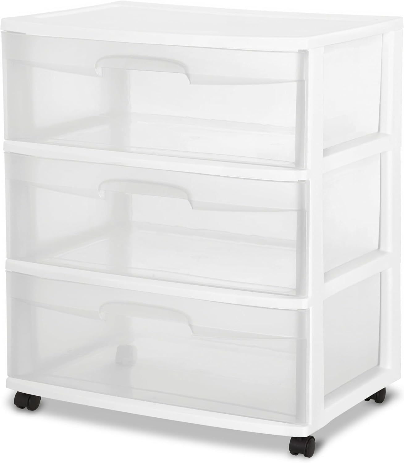 3 Drawer Rolling Cart with Wheels, Wide Storage Organizer Cart for Bedroom, Bathroom, Kitchen, Office - White Plastic Utility Cart with Clear Drawers & Built-in Handles, 21.8" W x 15.2" D x 24" H