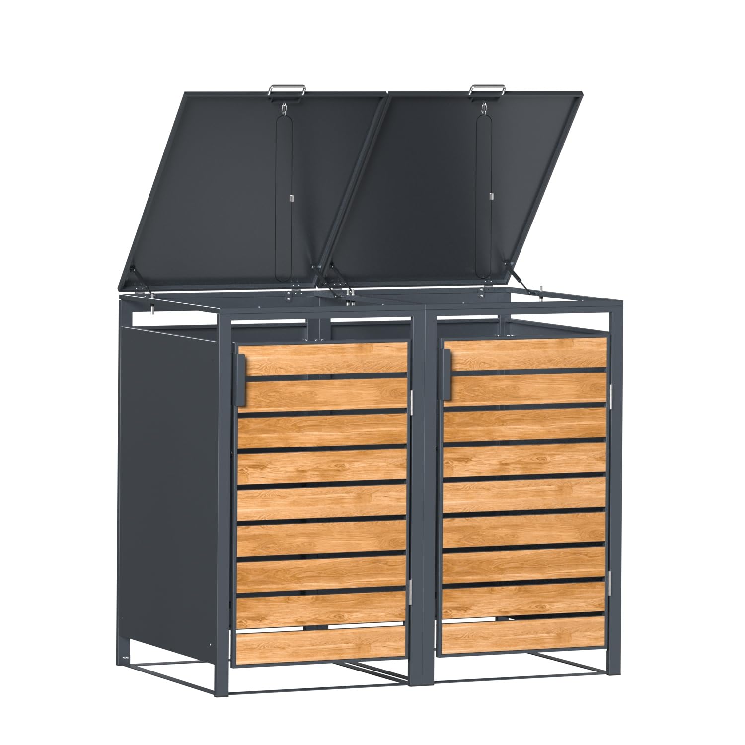 JOMO Mülltonnenbox 2er 120L mit Holzoptik, Mülltonnenhaus aus verzinktem Stahl für 2X 120L Tonne, wetterfeste Mülltonnenverkleidung mit Holzdekor, stabile Müllbox mit Belüftung
