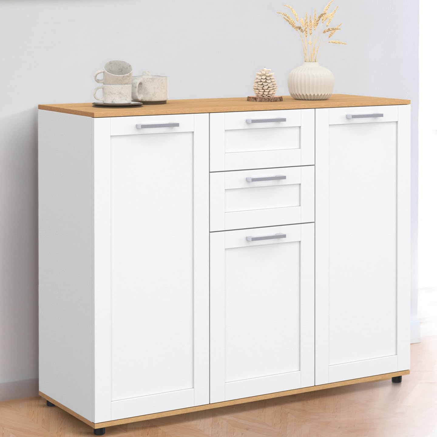 IDMarket - Bajo para TV 100 cm VITO con 3 puertas y 2 cajones en blanco y tablero de madera