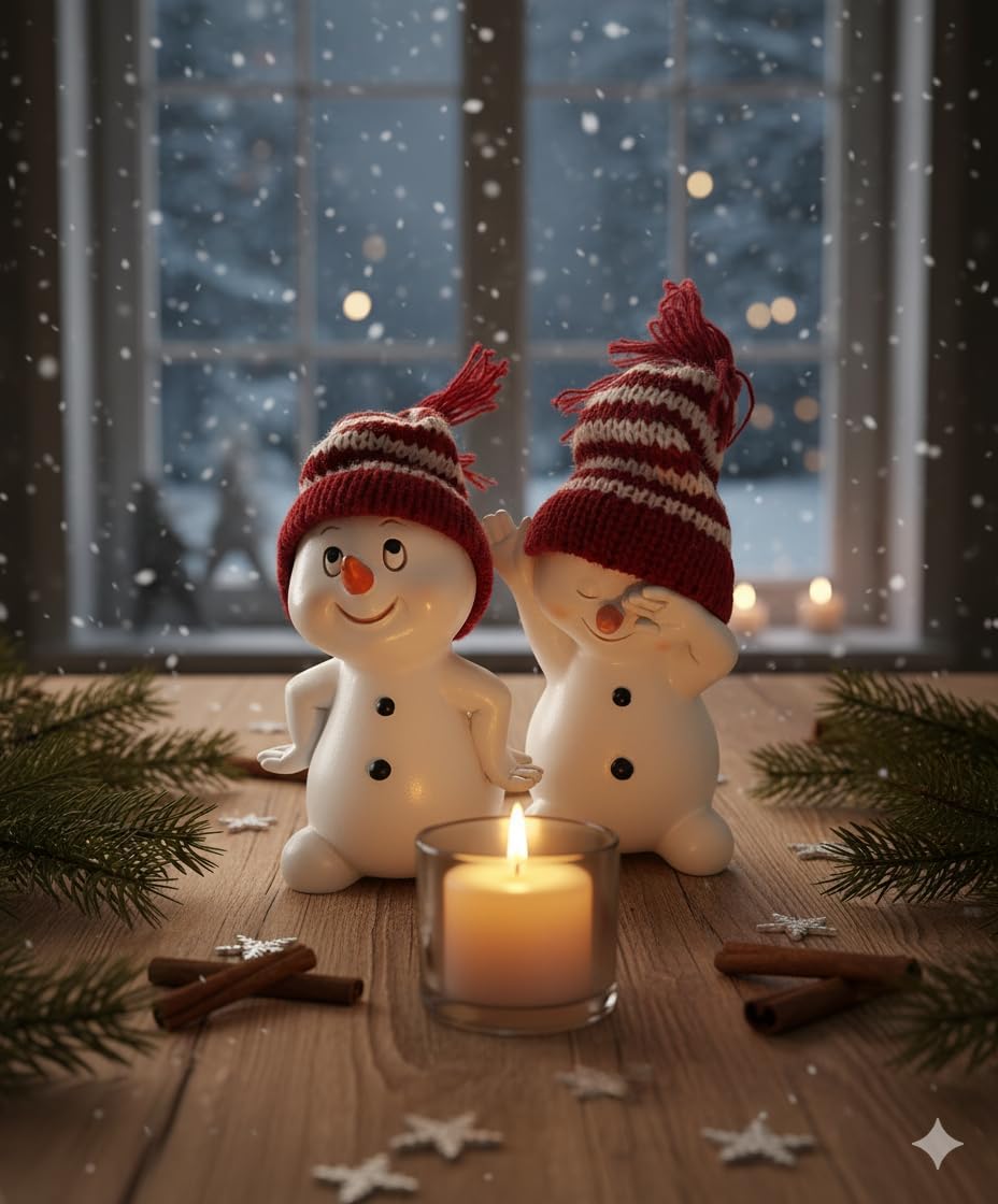 khevga Snowman Figurines Set of 2 – Standing & Sitting Christmas Decorations in Red & Gray – Classic Holiday Figurines for Festive Tabletop, Mantel & Window Display (Red, Standing Playful)