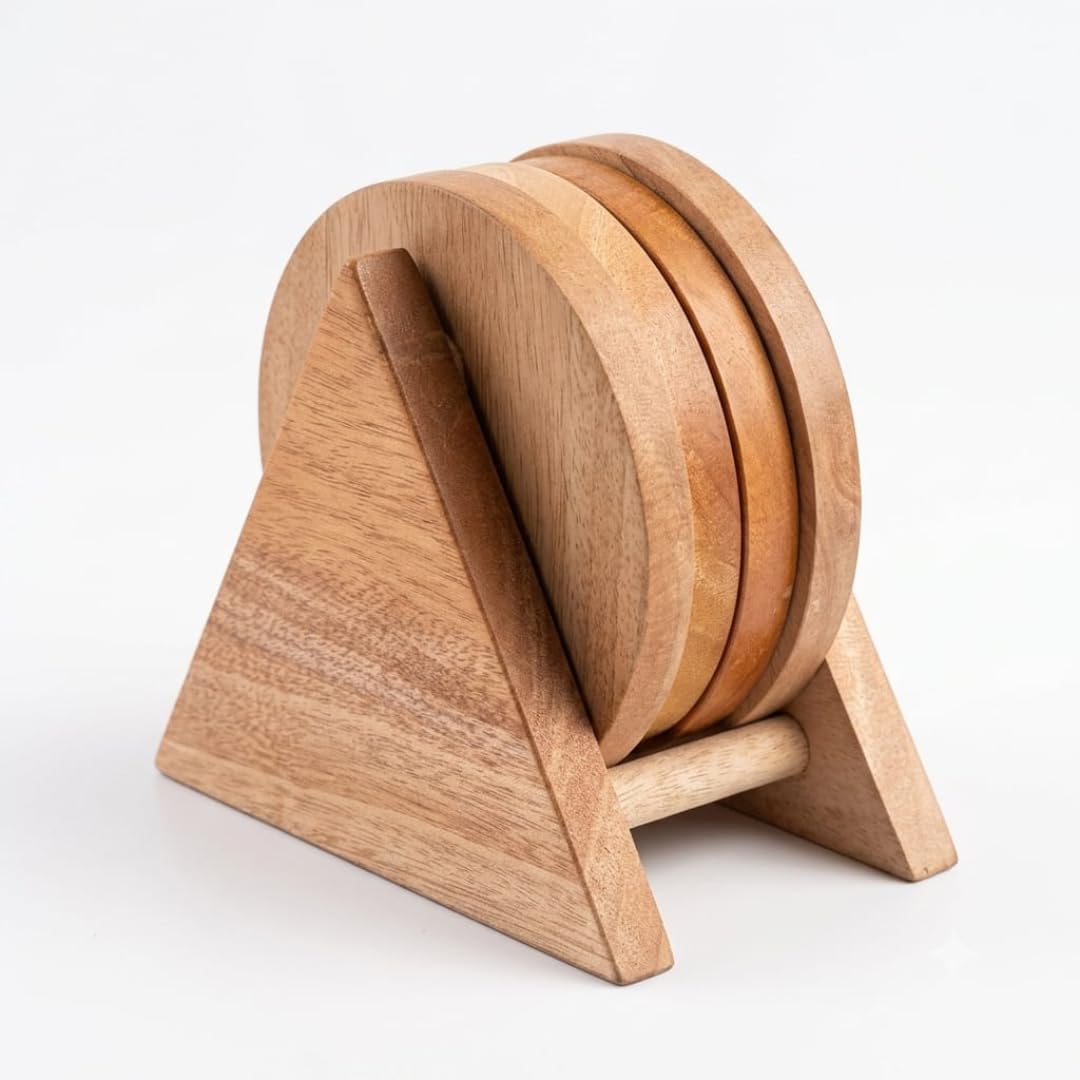 Handcrafted Wooden Drink Coaster Set of 4 with Holder – 4 Inch Round Solid Hardwood Drink Coasters for Wooden Table, Coffee Table, Bar, Office & Housewarming Gift-image-38