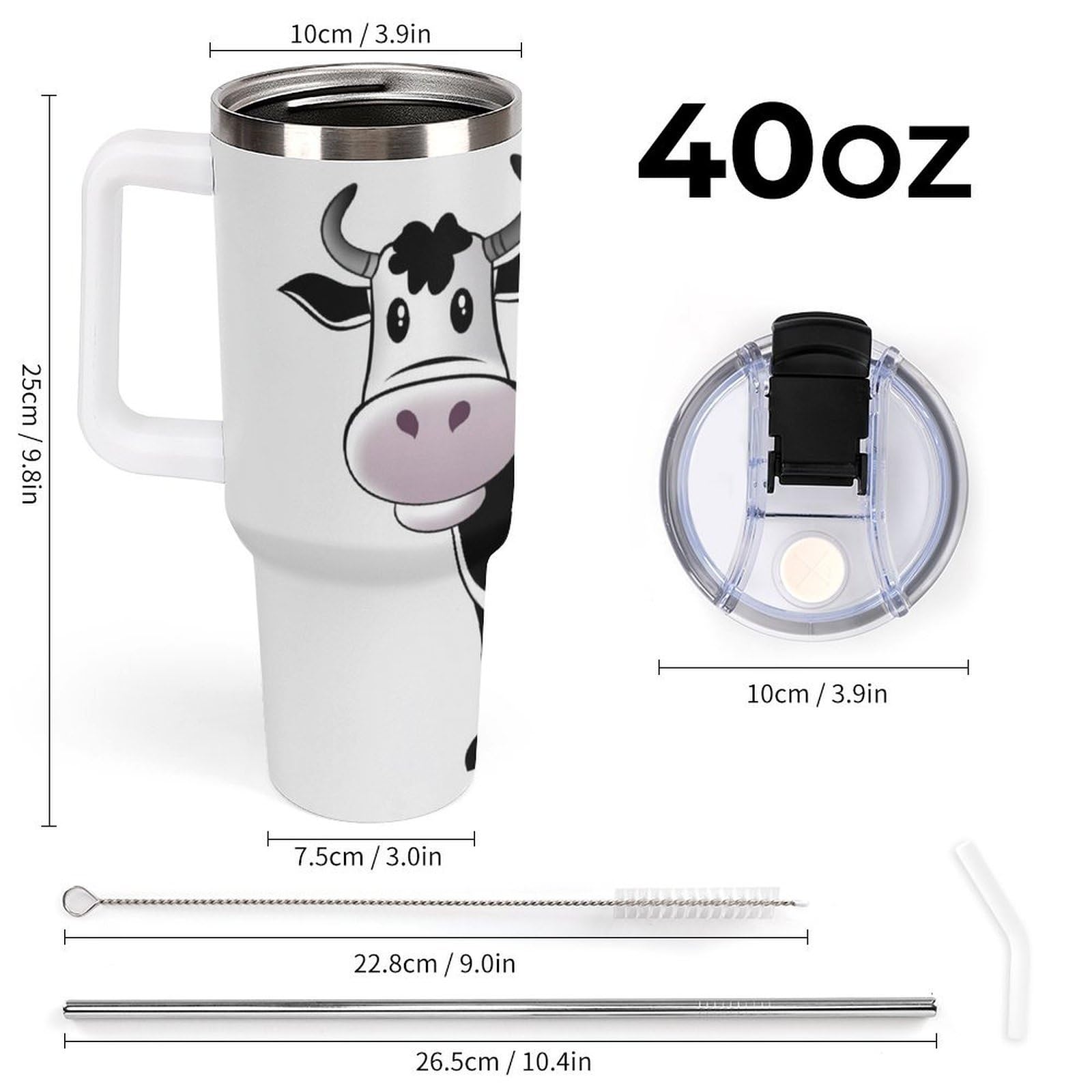 Autobecher aus 304 Edelstahl, 1,2 l, weiß und schwarz, Kuh-Becher mit Strohhalm und auslaufsicherem Deckel, großes Fassungsvermögen, vakuumisolierter Reisebecher für Auto-Becherhalter