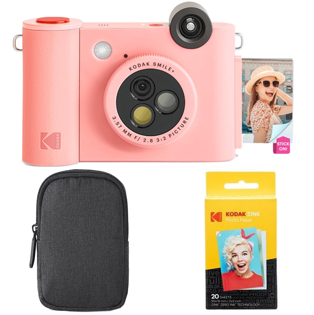 KODAK Smile+ 2-in-1 Fotocamera Digitale & Stampante Foto Bluetooth - Pacchetto Iniziale + Custodia + Carta Zink 20pz - 10MP - Rosa