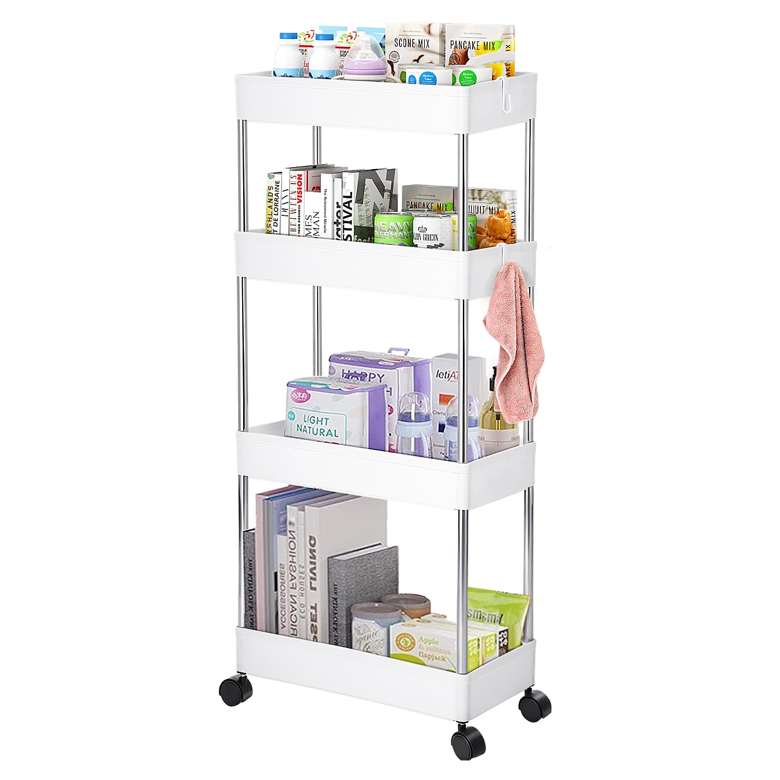 YORKING Storage Trolley, 4 Tier Slim Storage Trolley with Extra Hooks, Organiser Rack Storage Cart with wheels, for Narrow Space Office Bathroom Laundry Room Kitchen, 40×13×101cm