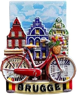 Brugge Belgium 3D Decorative Refrigerator Magnet, Traditional Houses and Red Bicycle Design, Travel Souvenir