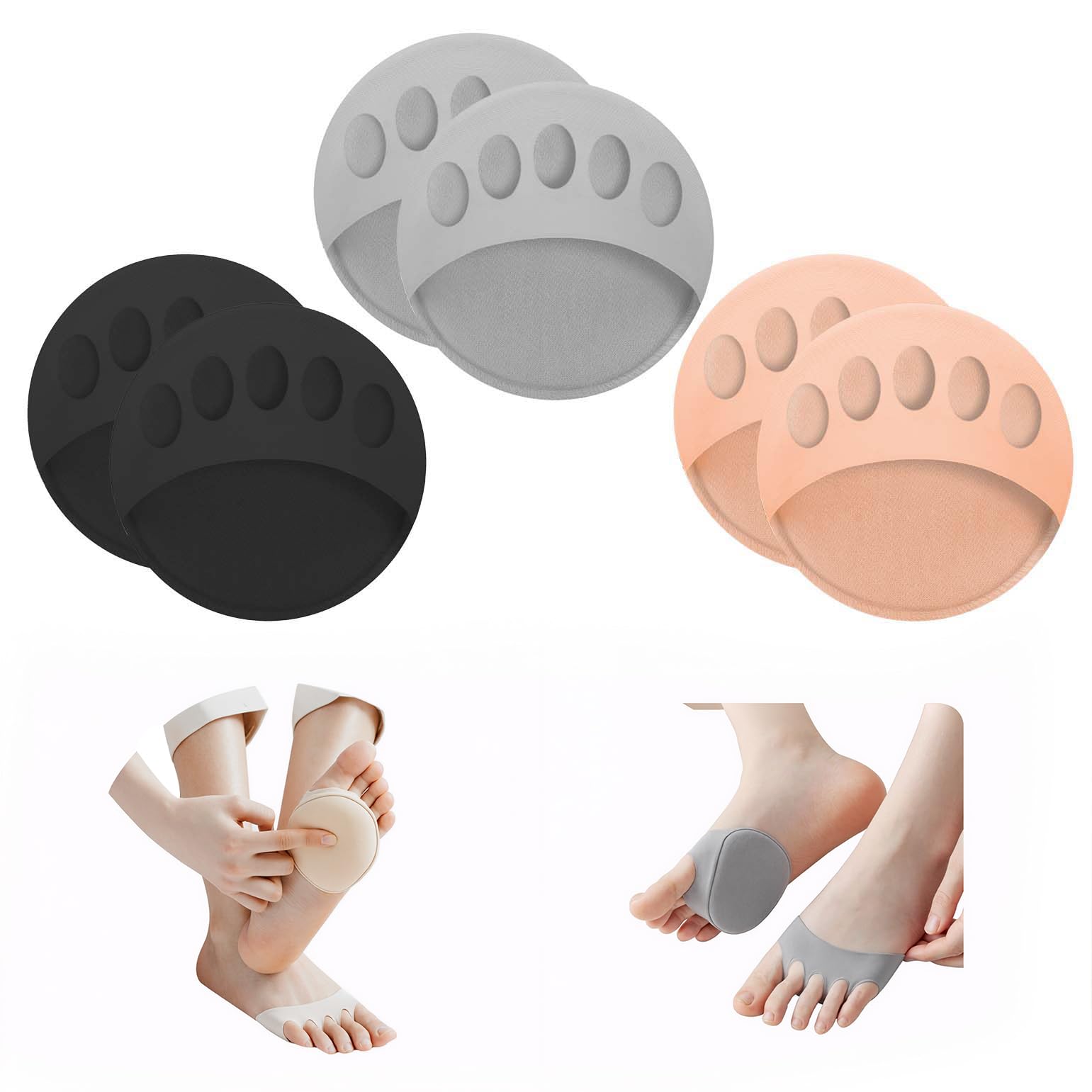 Metatarsa Foot Pads Reusable Soft Ball of Foot Cushions Forefoot Pads for Women Prevention Pain Relief Honeycomb Fabric Foot Pads (Black-Beige-Gray)