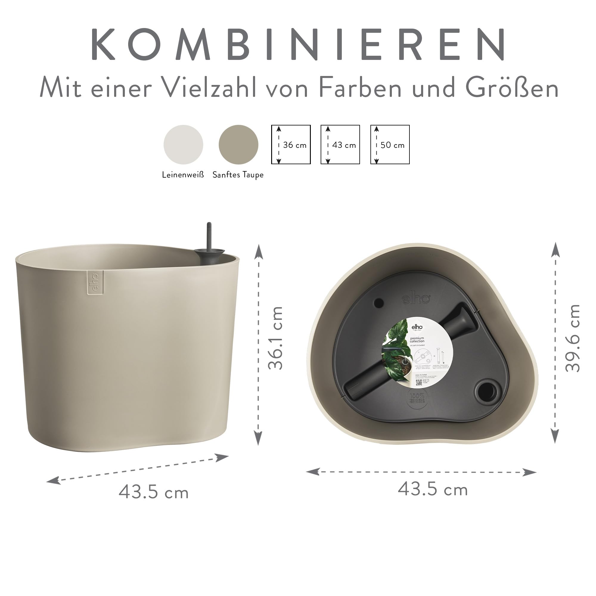 elho Eden Aquacare Low 40cm Blumentopf - Sanftes Taupe | L 39.6 x B 43.5 x H 36.1 cm | für den Innenbereich | 100% recyceltes Plastik