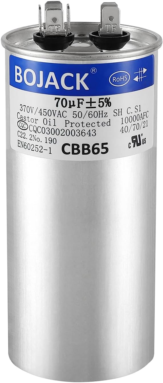 BOJACK 70 uF ±5% 70 MFD 370/450 V CBB65 Round Run Start Capacitor for AC Motor Run or Fan Start and Cool or Heat Pump Air Conditione
