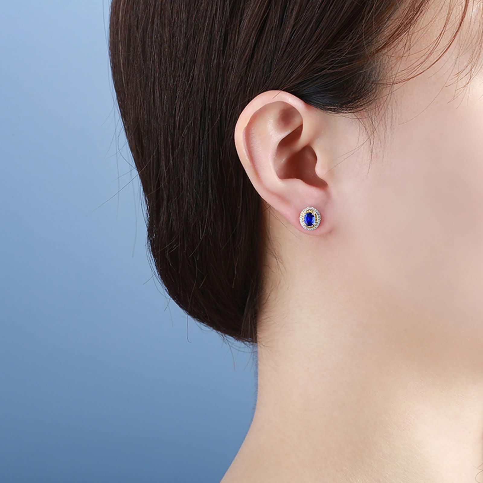 Pendientes para Mujer Oro Blanco 9 K / 14 K / 18 Kilates, Ovalado con Zafiro Creado y Moissanita, Pendientes de Mujer Plata Azul