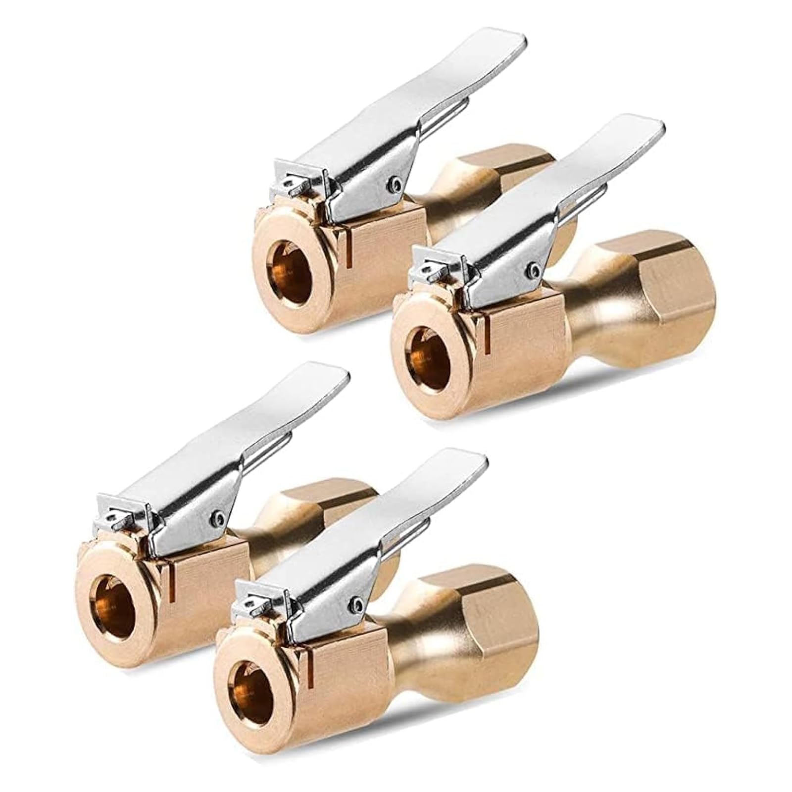 THE WHITE SHOP Heavy Duty Brass Air Chuck, Closed Flow Straight Tire Chuck with Lock-on Clip, 1/4" FNPT Tyre Chuck for Tire Inflator Pressure Gauge Air Pump Compressor Accessories (Brass, 4 Pack)